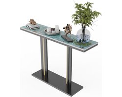 FATIVO Marmeren consoletafel gesinterde steen: luxe moderne gangtafels 118x30x78cm Abstract jade groen getextureerd helder marmeren tafelblad met zwart en goud geometrische lijn voetstuk voor