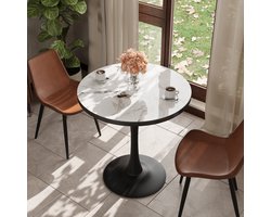 FATIVO Ronde Eettafel - 76.5 x 76.5 x 80 cm - Keukentafel Voor 2-3 Personen - Marmerlook - Jade wit & zwart