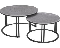 FATIVO Salontafel - set van 2 - Rond - Donkergrijs Marmerlook - zwart metalen frame - Ø70 & Ø57