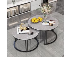 FATIVO Salontafels set Rond - Bijzettafel Marmer - stapelbare Koffietafel - zwart metalen frame - ideaal voor woonkamer of kleinere ruimtes - Donkergrijs + zwart, Ø70x41cm & Ø57x35cm