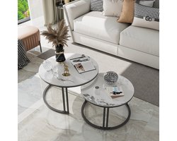 FATIVO Salontafels set Rond - Koffietafel Marmer - stapelbare Bijzettafels - zwart metalen frame - ideaal voor woonkamer, Slaapkamer, kantoor, kantoor buitentuin - Jade Wit + zwart, 70x41cm & 57x35 cm