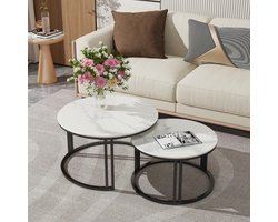 FATIVO Salontafels set van 2 - Bijzettafel Marmer - Rond - stapelbare Koffietafel - zwart metalen frame - ideaal voor woonkamer of kleinere ruimtes - glanzend wit + zwart, Ø70x41cm & Ø57x35cm