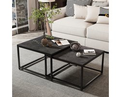 FATIVO Salontafels set van 2 - Bijzettafel Marmer - stapelbare Koffietafel - zwart metalen frame - ideaal voor woonkamer of kleinere ruimtes - Donkergrijze textuur + zwart, 65x65x40 cm & 60x60x36 cm