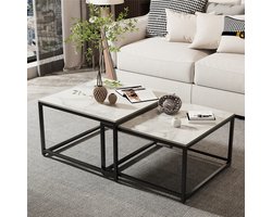 FATIVO Salontafels set van 2 - Bijzettafel Marmer - stapelbare Koffietafel - zwart metalen frame - ideaal voor woonkamer of kleinere ruimtes - mat wit + zwart, 65x65x40 cm & 60x60x36 cm