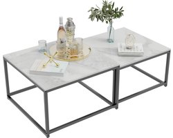 FATIVO Salontafels - Vierkante Bijzettafel - set van 2 - wit Marmer Look - zwart metalen frame - 65x40 cm & 60x36cm