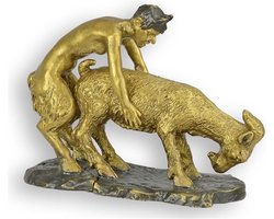 Faun en Geit - Bronzen Beeld - Mythologie - Kunst Sculptuur - Brons Beeldje - Decoratie - 9x4x7