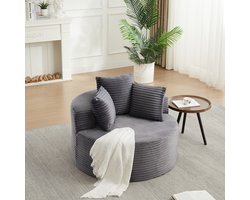 Fauteuil 110 Cm Ronde Ribstof Relaxstoel Met 3 Sierkussens En Brede Armleuningen Voor Slaapkamer En Woonkamer Stof Grijs