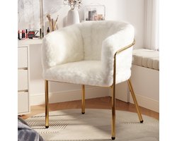 Fauteuil 64,8x59,7x55,9 cm - Lounge Stoel Met 4 Metalen Poten En Kunstbont Wit