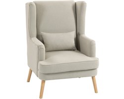 Fauteuil 77 x 77 x 110 cm, Beige, Linnen en Hout, Loungezetel Relaxstoel Gestoffeerde Stoel Oorfauteuil, Hoge Rugleuning Breed Zitvlak Lendenkussen Schuimvulling Houten Poten Maximaal Draagvermogen 120 kg, Voor Woonkamer Slaapkamer