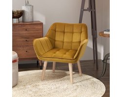 Fauteuil – Accentstoel – Scandinavische Stoel – Loungestoel – Armstoel – Fluweelstof – Rubberhout Poten – Geschikt Tot 120 Kg – Geel