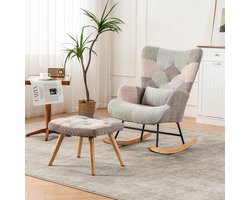 Fauteuil, Comfortabele Kleurrijke Schommelstoel, Hoogte 93 cm, breedte zitting 43 cm -, incl. 1 voetensteun (49*38*37 cm) en 1 lendenkussen, stevig rubberhouten frame, veelkleurig design, loungestoel