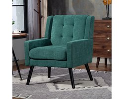 Fauteuil - Compact - Mid-century Design met Knopen - Massief Houten Poten - Suède - Retrogroen