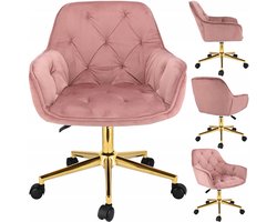 Fauteuil – Draaistoel – Bureaustoel – Werkstoel – Relaxstoel – Roze Velours – Goud Metalen Onderstel – Verstelbare Hoogte 40-50 cm – Draagvermogen 120 kg