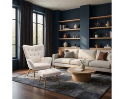 Fauteuil Fluweel Beige met Voetenbank - Comfortabele Relaxstoel Accentstoel - Gezellige Leesstoel Slaapkamer Woonkamer - Salonstoel met Houten Frame - Ganeey