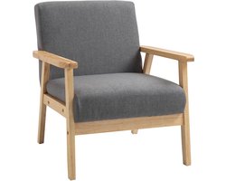 Fauteuil in Scandinavische stijl, accentfauteuil, massief hout, linnenlook, 64 cm x 70 cm x 72 cm, grijs + naturel