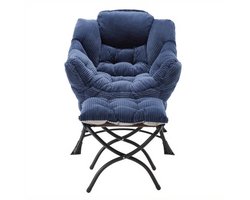 Fauteuil – Lazy Chair – Lounge Chair – Zitstoel – Relaxfauteuil – Navy Blauw – Met Ottoman & Zijvak – Stalen Frame & Flanellen Bekleding