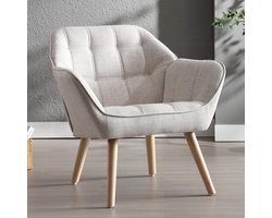 Fauteuil Linnen Accentstoel - Gestoffeerde Loungestoel met Houten Poten, Relaxstoel voor Woonkamer en Slaapkamer Beige - 80x73x79 cm - Vermissen