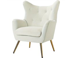 Fauteuil – Lounge Stoel – Leunstoel – Wing Chair – Relaxfauteuil – Fluwelen Bekleding – Gouden Metalen Poten – Comfortabel Design – Voor Woonkamer en Slaapkamer – Ivoor Kleur