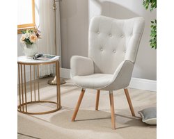 Fauteuil – Lounge Stoel – Relaxstoel – Zetel – Scandinavische Fauteuil Beige – Houten Armleuningen en Poten – Hoogwaardig Schuim – Compacte Afmetingen 66x71x109 cm