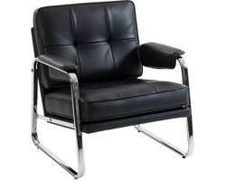 Fauteuil - Loungestoel met Brede Zitting en Armleuningen - Stalen Poten - Kunstleer - Voor Woonkamer en Slaapkamer - Zwart