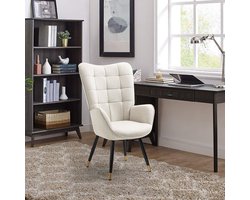 Fauteuil – Loungestoel – Relaxstoel – Nordic Chair – Leesstoel – Beige Stoffering – Zachte Gewatteerde Zitting & Armleuningen – Zwart-Gouden Metalen Poten – 71x66x106 cm