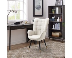 Fauteuil – Loungestoel – Relaxstoel – Nordic Chair – Leesstoel – Beige Stoffering – Zachte Gewatteerde Zitting & Armleuningen – Zwart-Gouden Metalen Poten – 71x66x106 cm