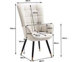 Fauteuil – Loungestoel – Relaxstoel – Nordic Chair – Leesstoel – Beige Stoffering – Zachte Gewatteerde Zitting & Armleuningen – Zwart-Gouden Metalen Poten – 71x66x106 cm
