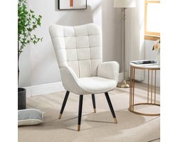 Fauteuil – Loungestoel – Relaxstoel – Nordic Chair – Leesstoel – Beige Stoffering – Zachte Gewatteerde Zitting & Armleuningen – Zwart-Gouden Metalen Poten – 71x66x106 cm