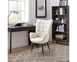 Fauteuil – Loungestoel – Relaxstoel – Nordic Chair – Leesstoel – Beige Stoffering – Zachte Gewatteerde Zitting & Armleuningen – Zwart-Gouden Metalen Poten – 71x66x106 cm