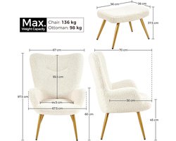 Fauteuil met Hocker – Industrohome Nordic Teddy Relaxstoel – Wingback Oorfauteuil met Voetenbank – Opvouwbare Rugleuning – Gestoffeerde Lounge Stoel voor Woonkamer & Slaapkamer – Ivoor Wit