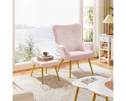 Fauteuil met Hocker – Industrohome Velvet Nordic Teddy Relaxstoel – Roze Bouclé Oorfauteuil met Voetenbank – Luxe Wingback Lounge Stoel – Televisiestoel & Leesstoel voor Woonkamer en Slaapkamer