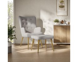 Fauteuil met Hocker – Schapenvacht Look Stoel met Voetenbank, Lounge Stoel Comfortabel, Lichtgrijs