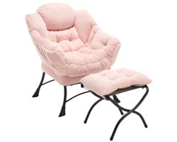 Fauteuil Met Hocker70×64×95cm Stoel 50×45×46cm Hocker Moderne Lounge Accent Stoel RozeMet Armleuningen Zijzak Leesstoel Klein Ruimte Hoekstoel Staal Buiten Binnen