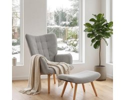 Fauteuil met Kruk 80x72x101 cm – Moderne Oorfauteuil met Armleuningen & Corduroy Look, Grijze Relax Leesstoel voor Woonkamer & Slaapkamer – Furnitureland