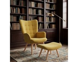 Fauteuil met Kruk 80x72x101 cm – Moderne Oorfauteuil met Armleuningen & Corduroy Look, Oranje Relax Leesstoel voor Woonkamer & Slaapkamer – Furnitureland