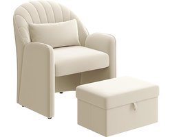 Fauteuil met Kruk en Opbergruimte - Comfortabele Fluwelen Oorfauteuil met Rugkussen in Bloembladvorm (Beige)