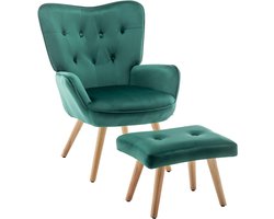 Fauteuil met kruk, woonkamerstoel, relaxstoel, gestoffeerde stoel, fluwelen accentstoel met voetenbank, loungestoel, leesstoel voor slaapkamer, groen