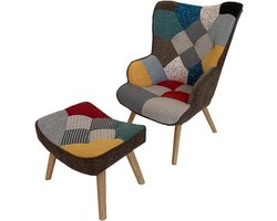 Fauteuil met Poef - Zeteltje Voetenbank - Ontspannen Zitten - Patchwork Stof - 65x65x95 cm - Multicolor