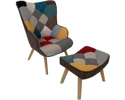 Fauteuil met poef - Zitset - Ontspannen Zitten - Patchwork stof - 65x65x95 cm - Multicolor