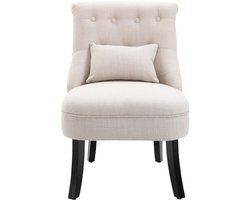 Fauteuil Met Rugkussen, 52,5 x 69 x 77 cm, Crèmewit, Zachte Schuimstof Polstering, Stoffen Bekleding Met Linnenlook, Getufte Rugleuning, Gebogen Poten, Houten Frame, Afneembare Wasbare Kussenhoes, Lounge Stoel, Leesstoel