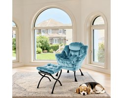 Fauteuil met voetenbank – relaxstoel, armleuningen, zijvak, blauw