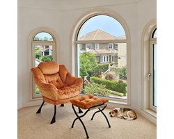 Fauteuil met voetenbank – relaxstoel, armleuningen, zijvak, oranje