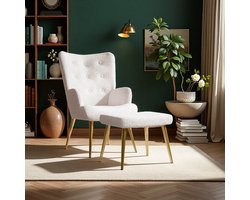 Fauteuil met voetenbank Teddy Comfortabele fauteuil voor woonkamer slaapkamer leesstoel accentstoel, Wit