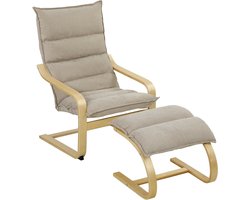 Fauteuil met voetensteun - bekleed met linnen - met een lichte schommelbeweging - hoge rugleuning - armleuningen en poten van beige hout.