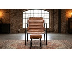 Fauteuil met Voetensteun – Industrohome Luxe Echt Leren Relaxstoel Bruin – Design Lounge Stoel met IJzeren Frame & Geïntegreerde Voetsteun – Compacte Woonkamer Fauteuil / Leesstoel