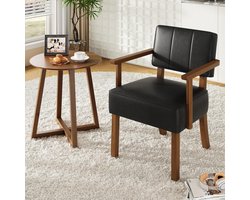 Fauteuil - Mid-Century Accent Stoel - Bruin Kunstleer met Houten Frame - Luxe Relaxstoel met Knoopsdetails - Lounge Chair voor Woonkamer & Slaapkamer - Zwart