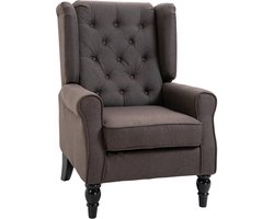 Fauteuil - oorfauteuil met armleuningen - loungestoel met kussens - gecapitonneerd - hoge rugleuning - fauteuil met houten poten - relaxfauteuil voor woonkamer - slaapkamer - bruin