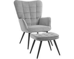 Fauteuil relax stoel leesstoel gestoffeerde stoel 73x77,5x98cm met 1 voetenbank 48x36x37cm grijs huidvriendelijke zachte stof comfortabele dikke vulling stevige duurzame metalen stoelpoten geschikt voor studeerkamer woonkamer en slaapkamer