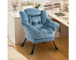 Fauteuil - Relaxstoel Met Zijvak En Armleuningen - Comfortabele Luie Stoel Met Metalen Frame - Voor Woonkamer En Balkon - Lichtblauw Velvet