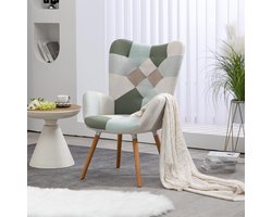 Fauteuil Scandinavisch Ergonomisch met Armleuningen en Houten Poten 68 x 50 x 106 cm - Relaxstoel Oorfauteuil Lounge Stoel voor Woonkamer, Slaapkamer en Kantoor - Patchwork Groen - Mobili Bella